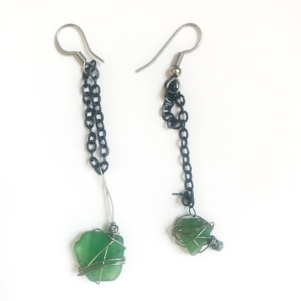 Asymmetrical Silver and Dark Silver Green Glass Earrings